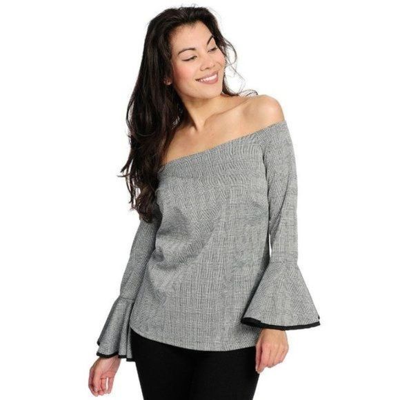 Kimberly Rose Boutique Tops - Black and Off White Plaid Off-the Shoulder Bell Sleeve Top